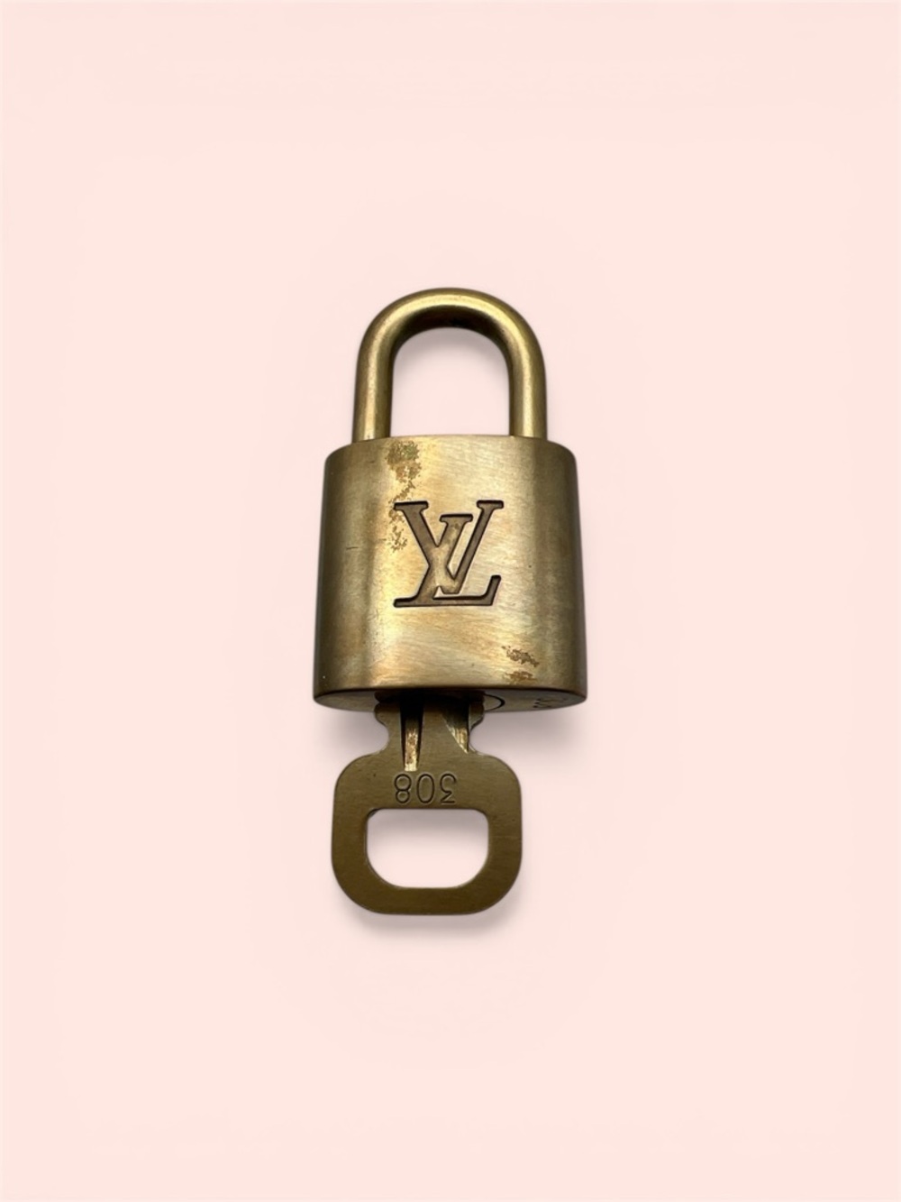 LOUIS VUITTON PadLock & Key Brass Gold Number 308 Vintage